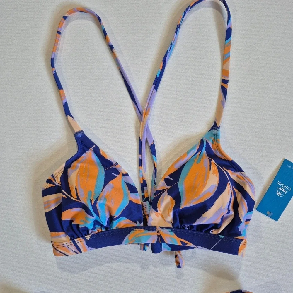 Cupshe Womens Tropical‎ Leaf Print Bikini Set Navy Orange Size S New With Tags